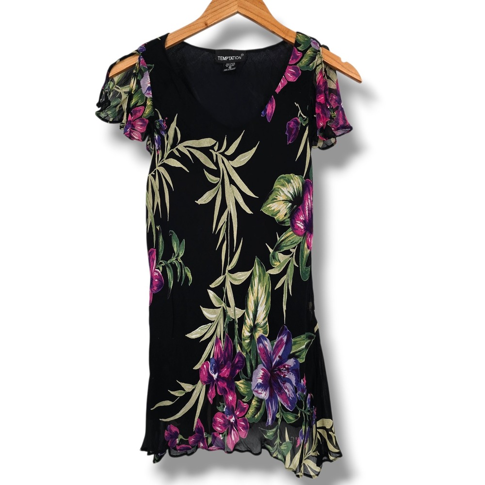 Temptation Womens Black Purple Tropical Floral Rayon Flutter Sleeve Tunic Medium